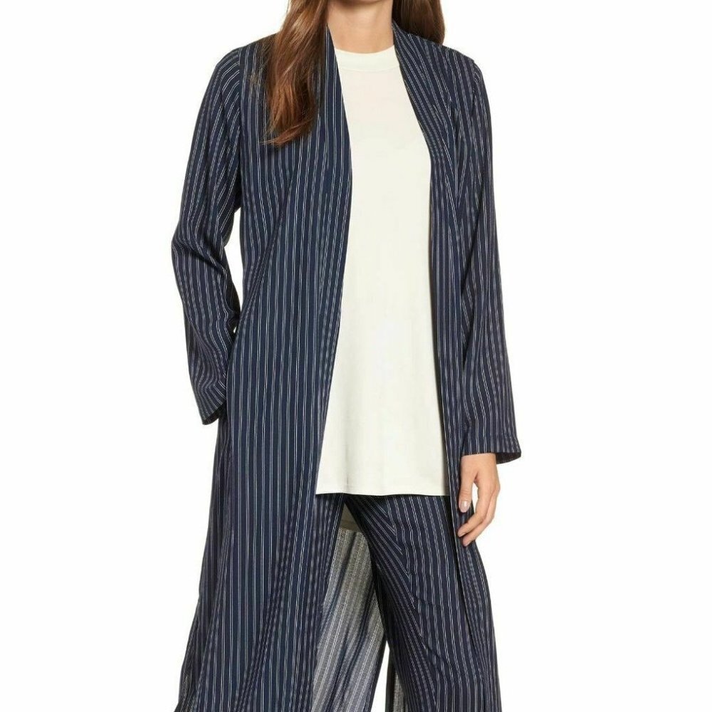 Eileen Fisher Midnight Blue Double Stripe Belted Long Kimono Jacket
